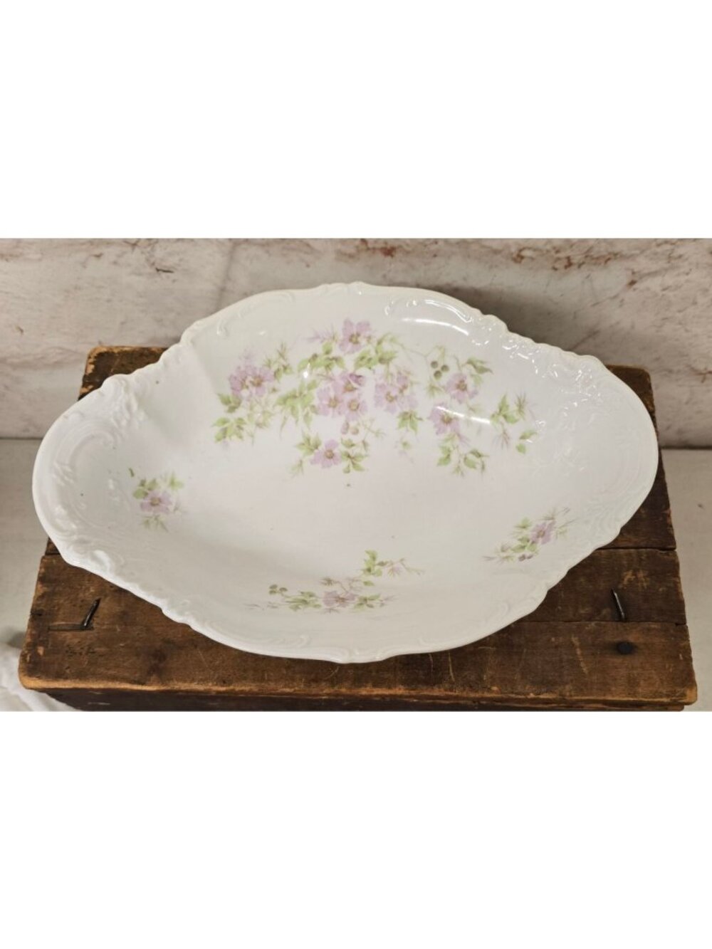 Antique Austria Floral Oval Serving Bowl Scalloped Edges Pink Floral Pattern